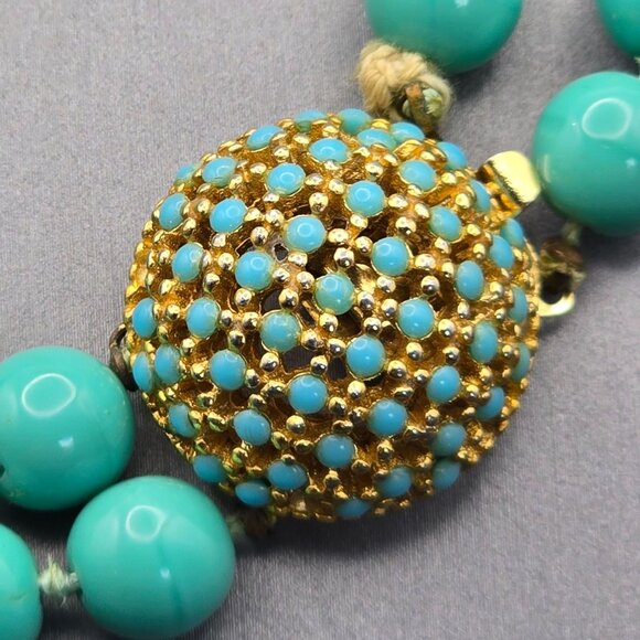 VTG Double Strand Turquoise Colored Bead Choker Necklace 15" Gold-Tone Box Clasp - Picture 4 of 15
